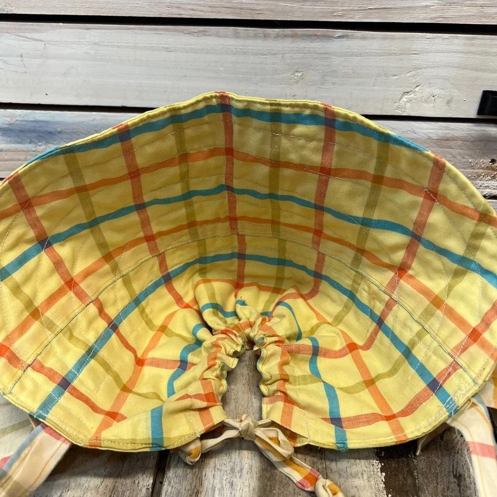 Vintage Plaid Prairie Sun Bonnet Yellow Cotton Ruffle Brim Tie Back Cottagecore